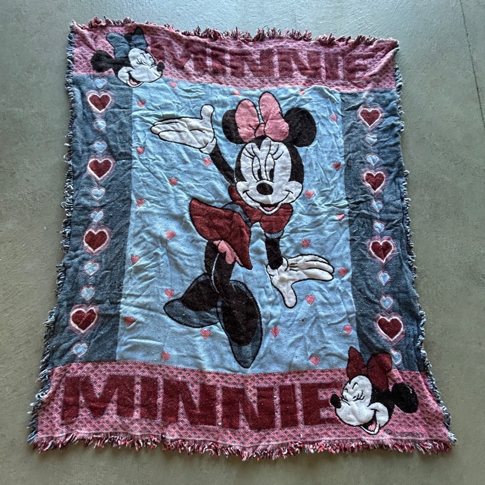 Vintage 90s Disney Minnie Mouse Knit Throw Blanket Woven Tapestry 55"x 46"
